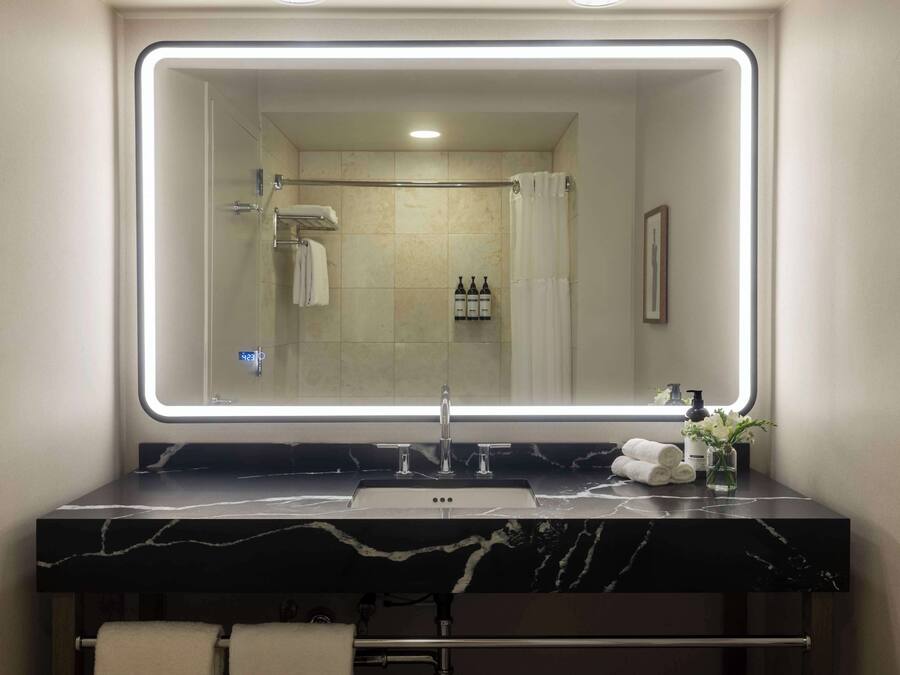 Une salle de bain avec un grand miroir, un comptoir en marbre noir, un lavabo et un porte-serviettes.