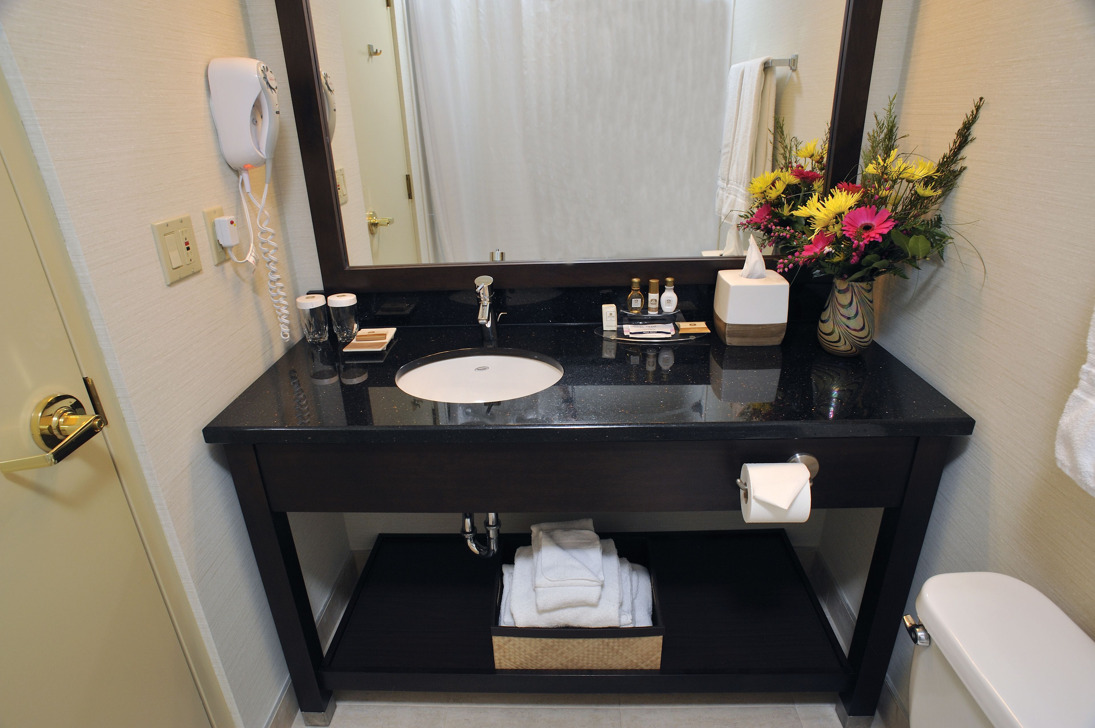 combined shower/bathtub, free toiletries, hair dryer, towels