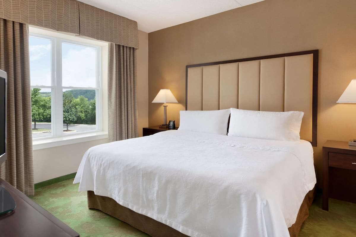 Une chambre d’hôtel avec un grand lit, une télévision, deux lampes de chevet et une fenêtre avec des rideaux.