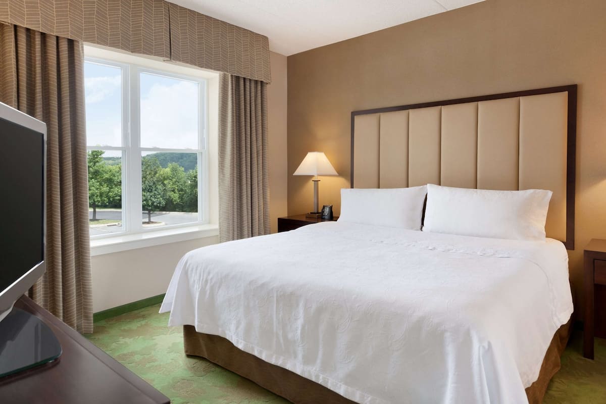 Une chambre d’hôtel avec un grand lit, deux lampes de chevet, une télévision et une fenêtre avec des rideaux.