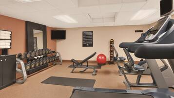 A gym with treadmills, dumbbells, and exercise balls.