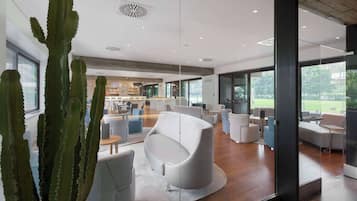 Een modern interieur met een cactuss, een witte bank en een bar.