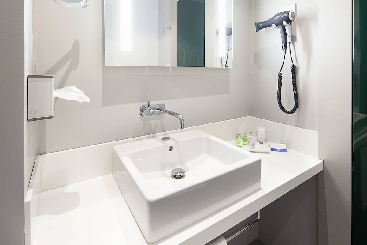 deep-soaking bathtub, eco-friendly toiletries, hair dryer, bidet