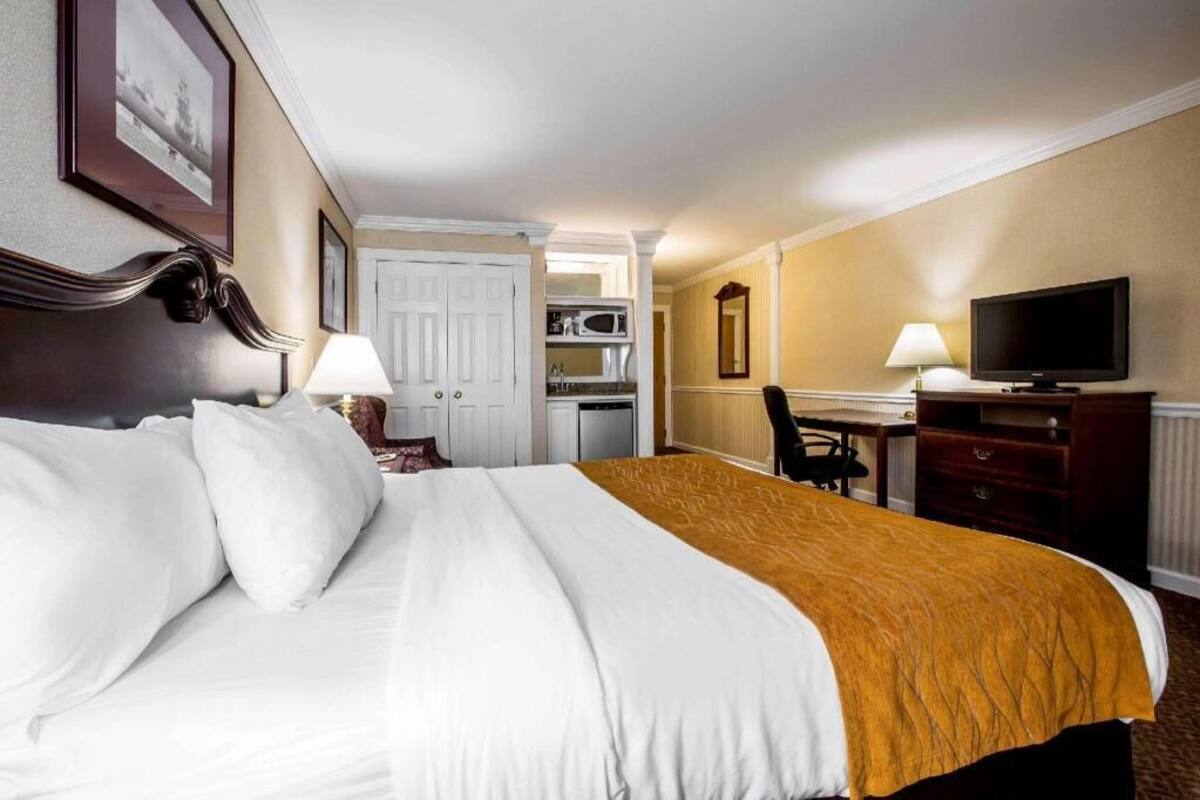 A hotel room with a large bed, a desk, a television, and a microwave in the background.