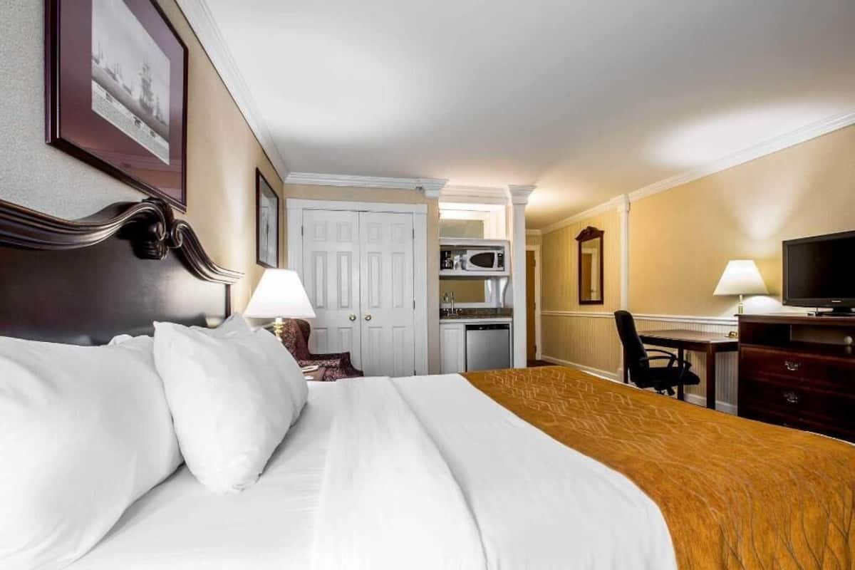 A hotel room with a large bed, a desk, a chair, a television, a microwave, and a door leading to a bathroom.