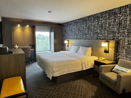 Habitación de hotel con una cama grande, mesitas de noche, un escritorio, una silla y vistas al exterior.