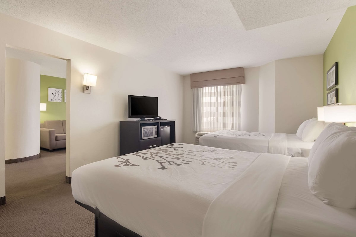 A hotel room with a large bed, a TV, a desk, and a chair.