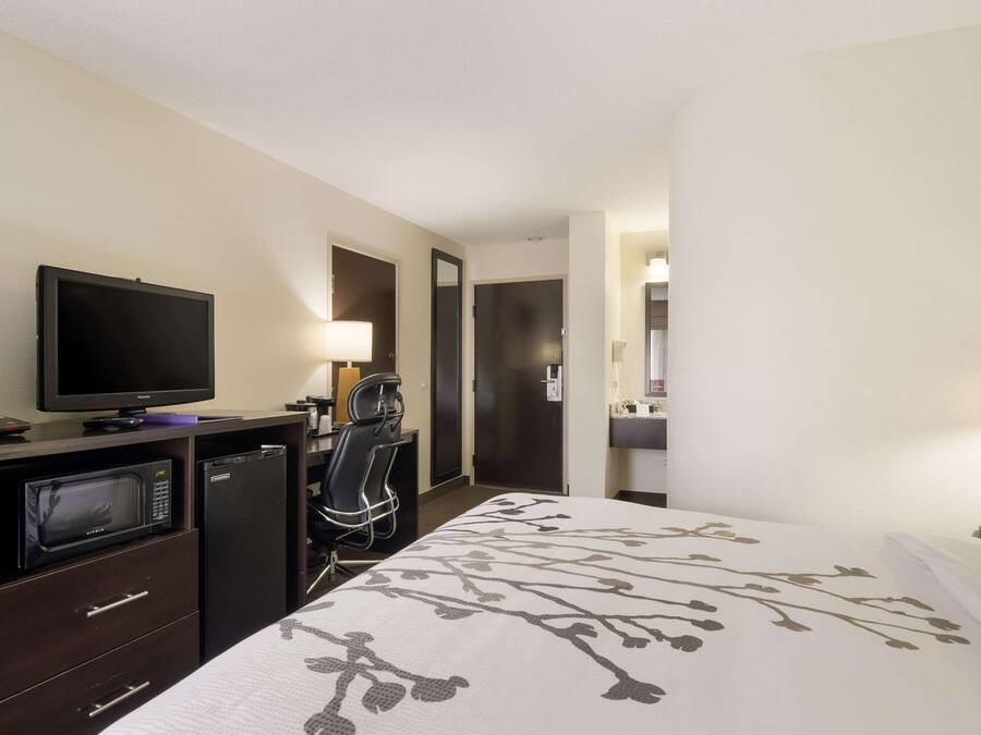 A hotel room with a bed, a television, a microwave, a refrigerator, a desk with a chair, and a bathroom with a mirror.