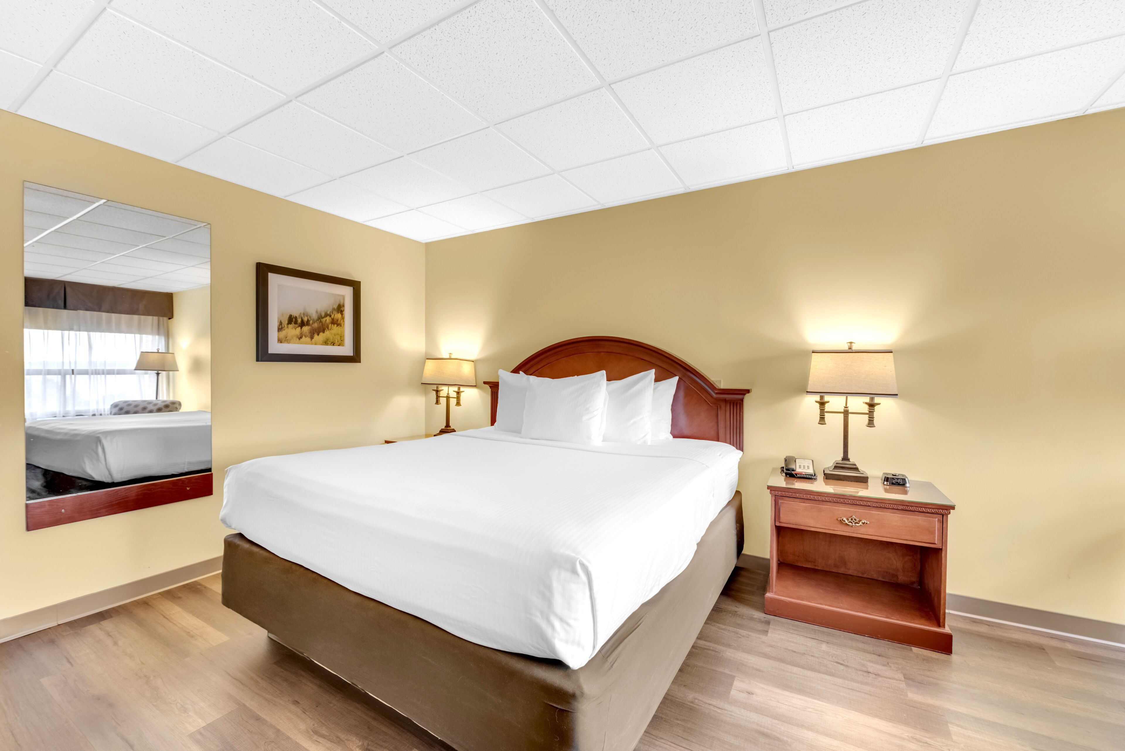 A hotel room with a large bed, wooden headboard, two bedside tables with lamps, a mirror, and a framed picture on the wall.