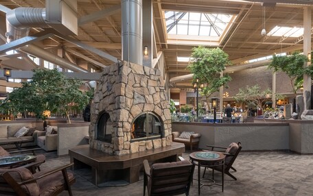 A spacious indoor area with a stone fireplace, comfortable seating, and a high ceiling with skylights.
