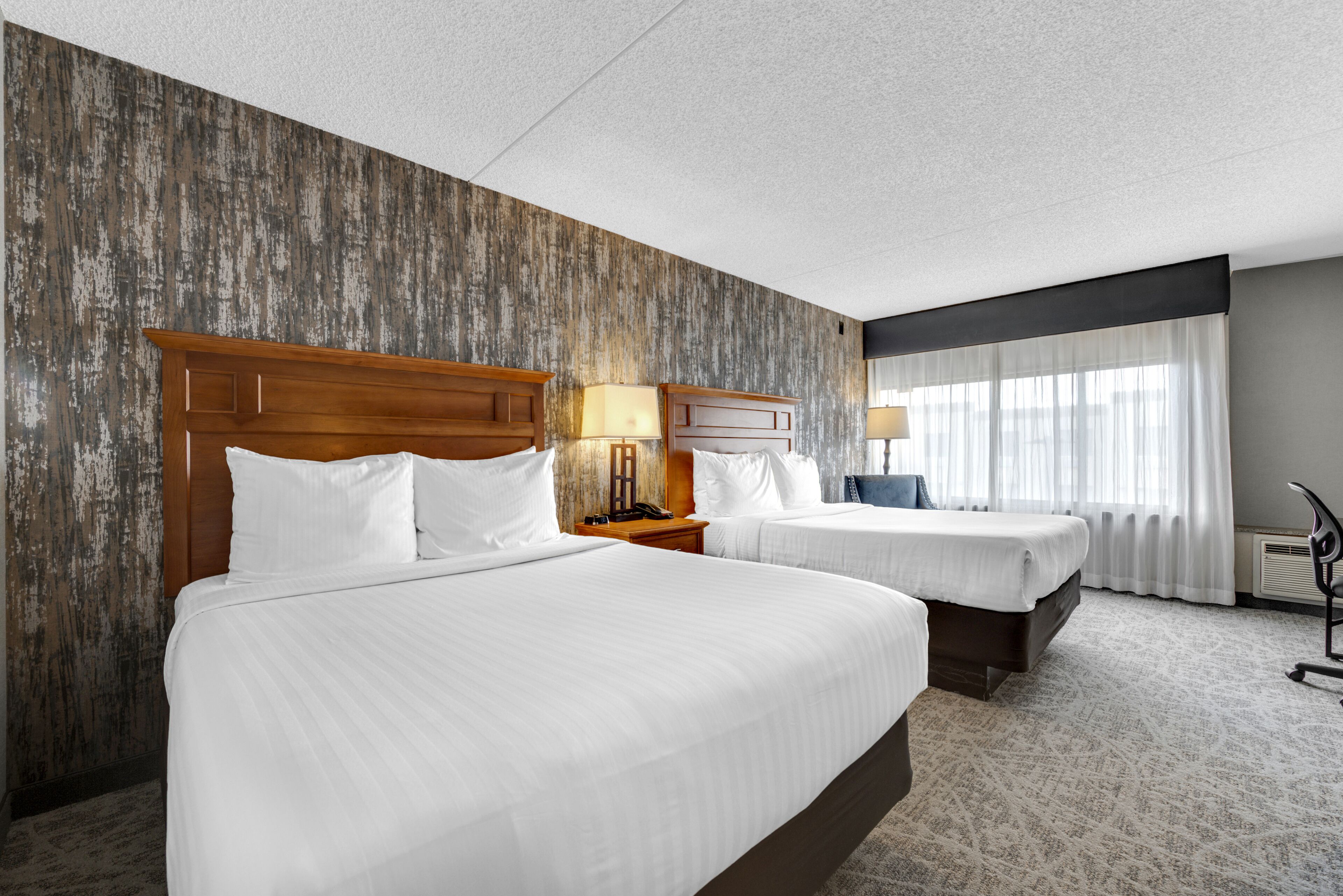 premium bedding, desk, blackout curtains, iron/ironing board