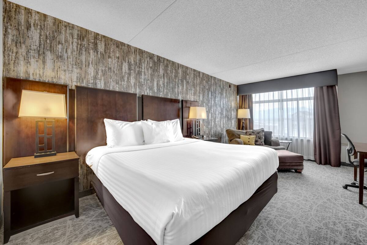 A hotel room with a large bed, a nightstand with a lamp, a desk with a chair, and a view of the outdoors through a window.