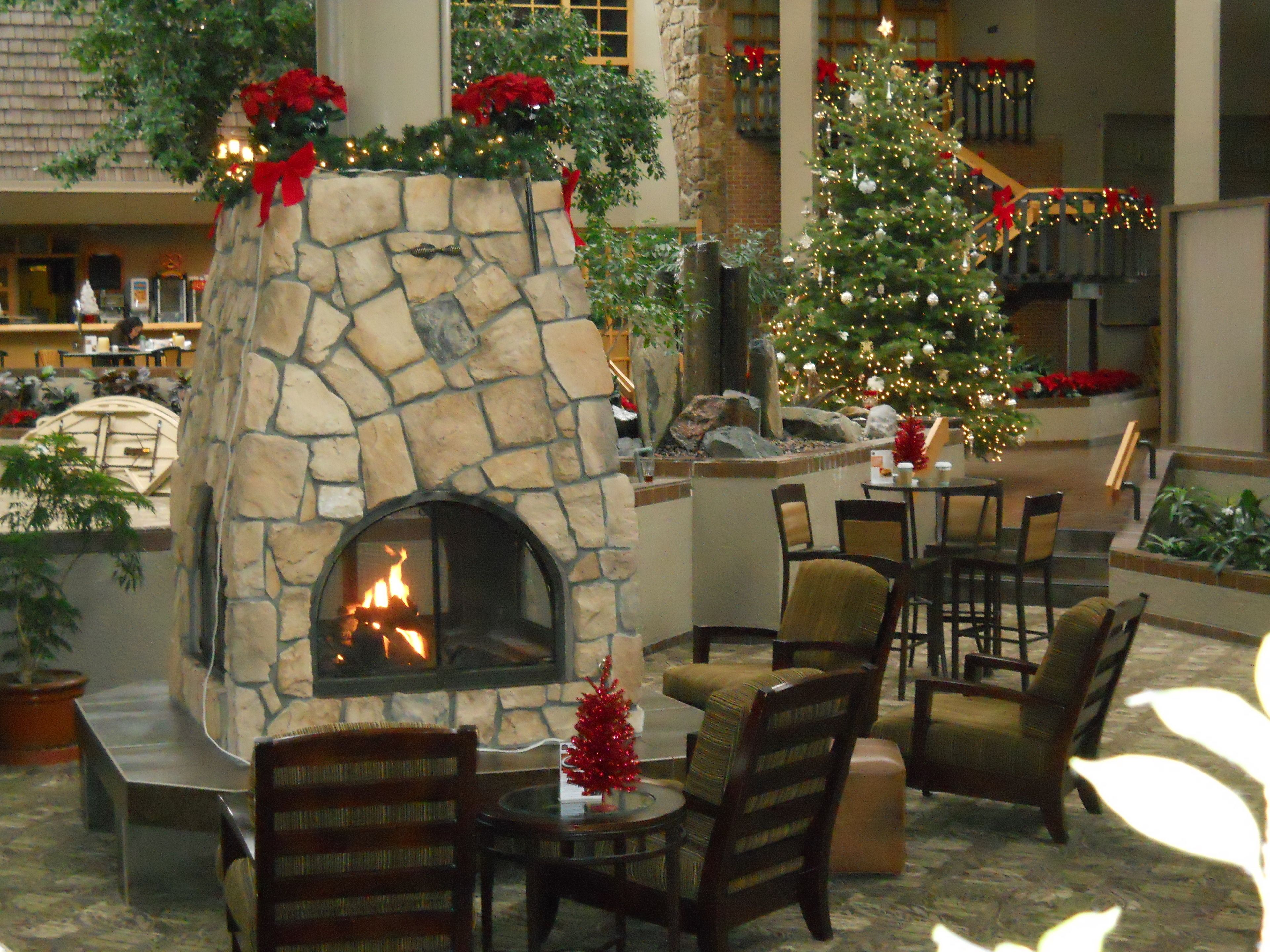 A stone fireplace with a fire, surrounded by outdoor seating. A Christmas tree is visible in the background.