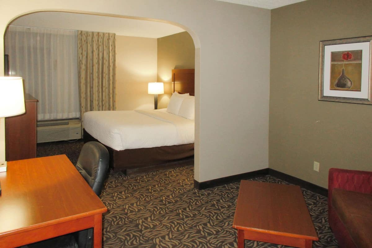 A hotel room with a bed, a desk, a chair, and a small table.