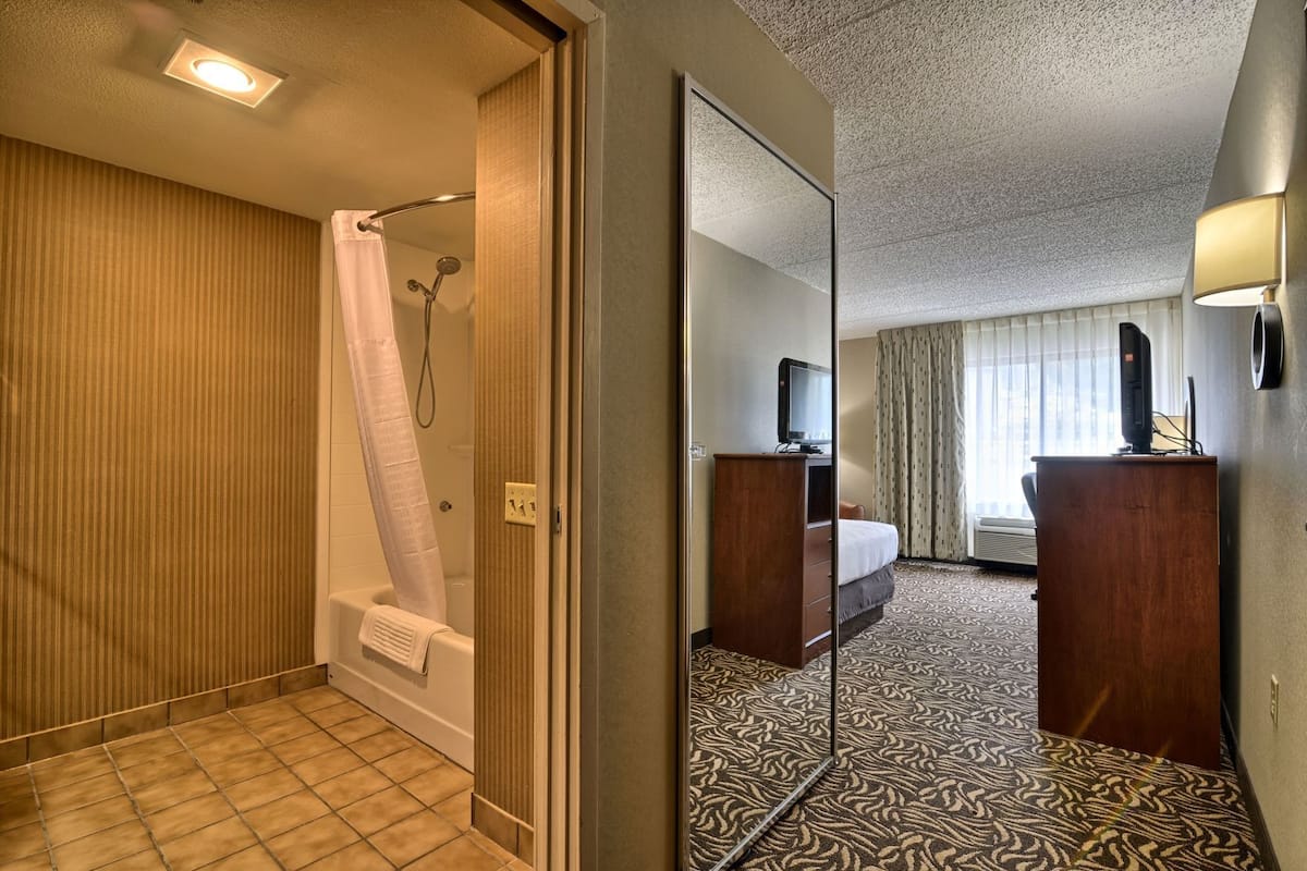 A hotel room with a shower, a bed, a desk, and a mirror.