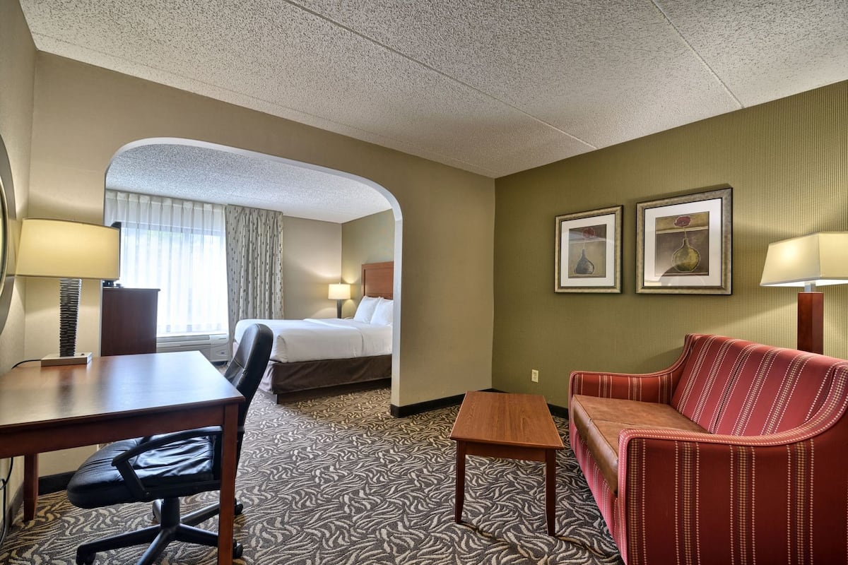 A hotel room with a bed, a desk, a chair, a small table, and a sofa.