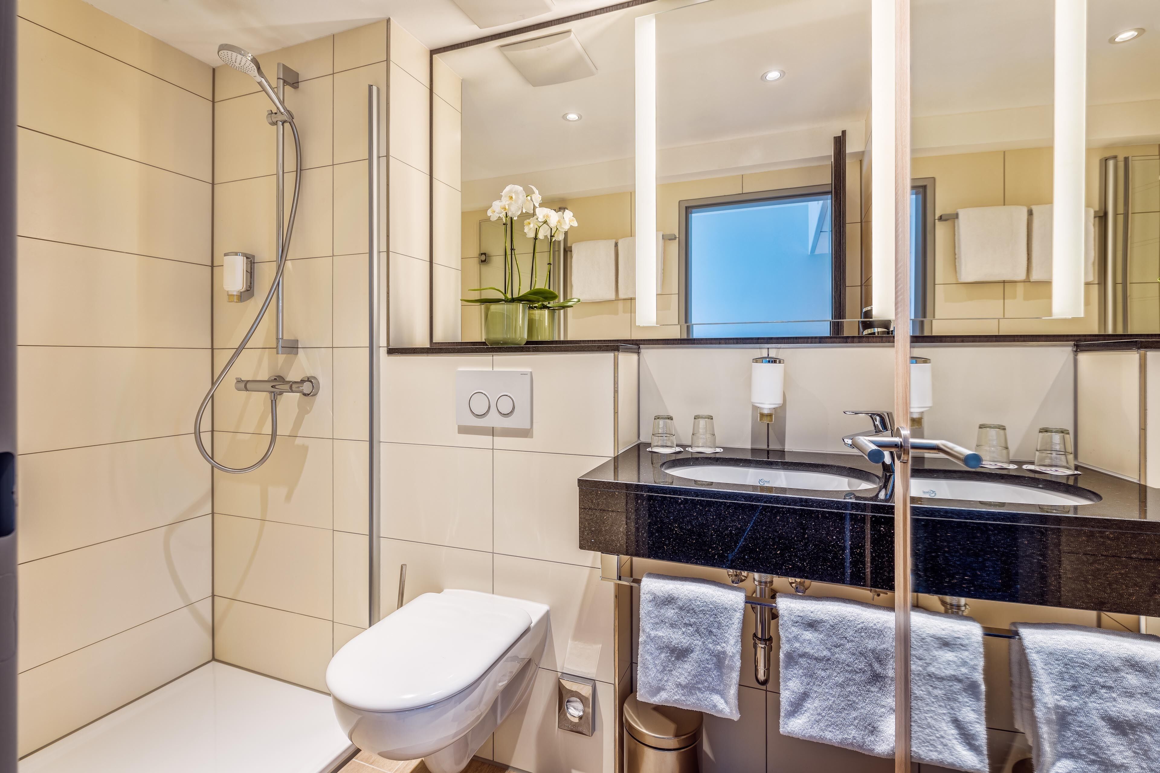 comfort twin room | bathroom | shower, free toiletries, hair dryer, towels