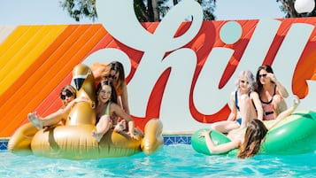 Outdoor pool, a heated pool, open 9:00 AM to 9:00 PM, sun loungers