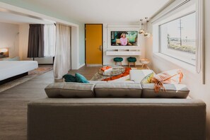 Memory foam beds, desk, laptop workspace, blackout drapes