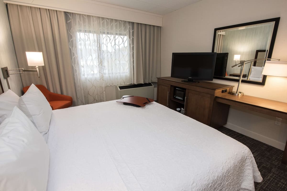 A hotel room with a large bed, a television, a desk with a computer, and a mirror.
