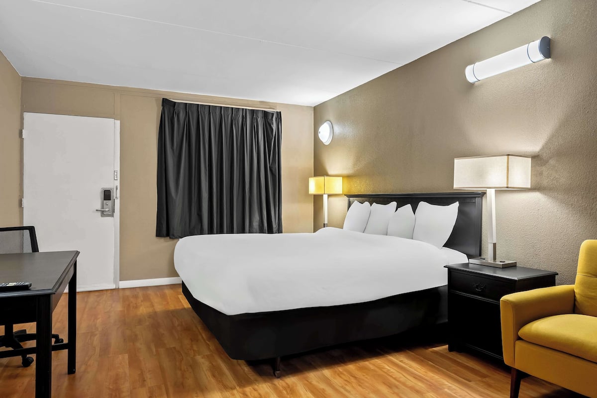 A hotel room with a large bed, a desk, a chair, a nightstand, and a lamp.