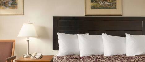 A hotel room with a bed, a nightstand with a lamp and phone, a chair, and two framed pictures on the wall.