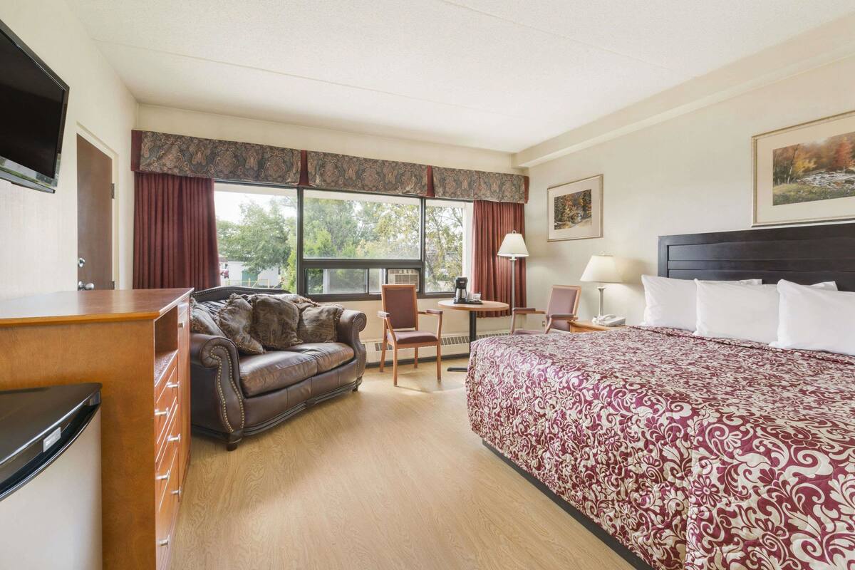 Een hotelkamer met een bed, een bureau, een stoel, een bank en een televisie.