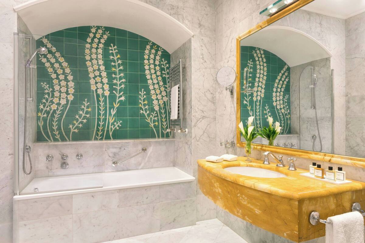 combined shower/bathtub, free toiletries, hair dryer, bathrobes