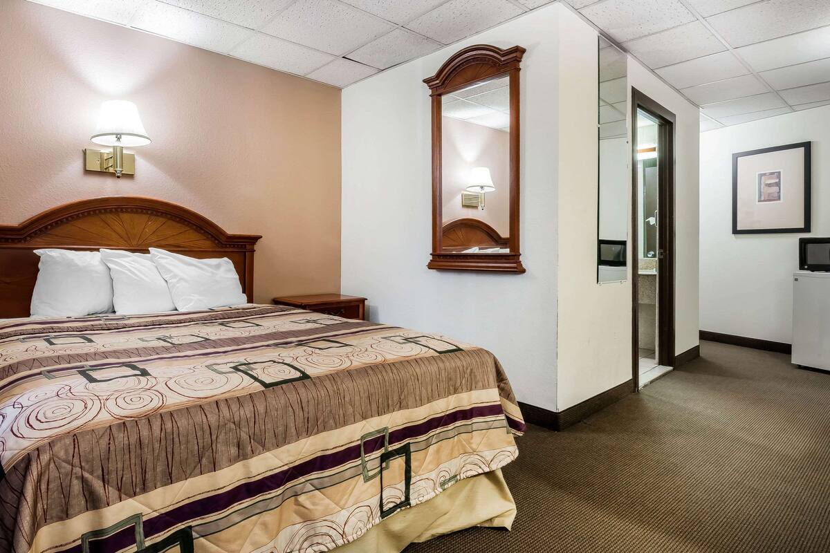 A hotel room with a large bed, a wooden headboard, a mirror, a nightstand, and a wall-mounted lamp.