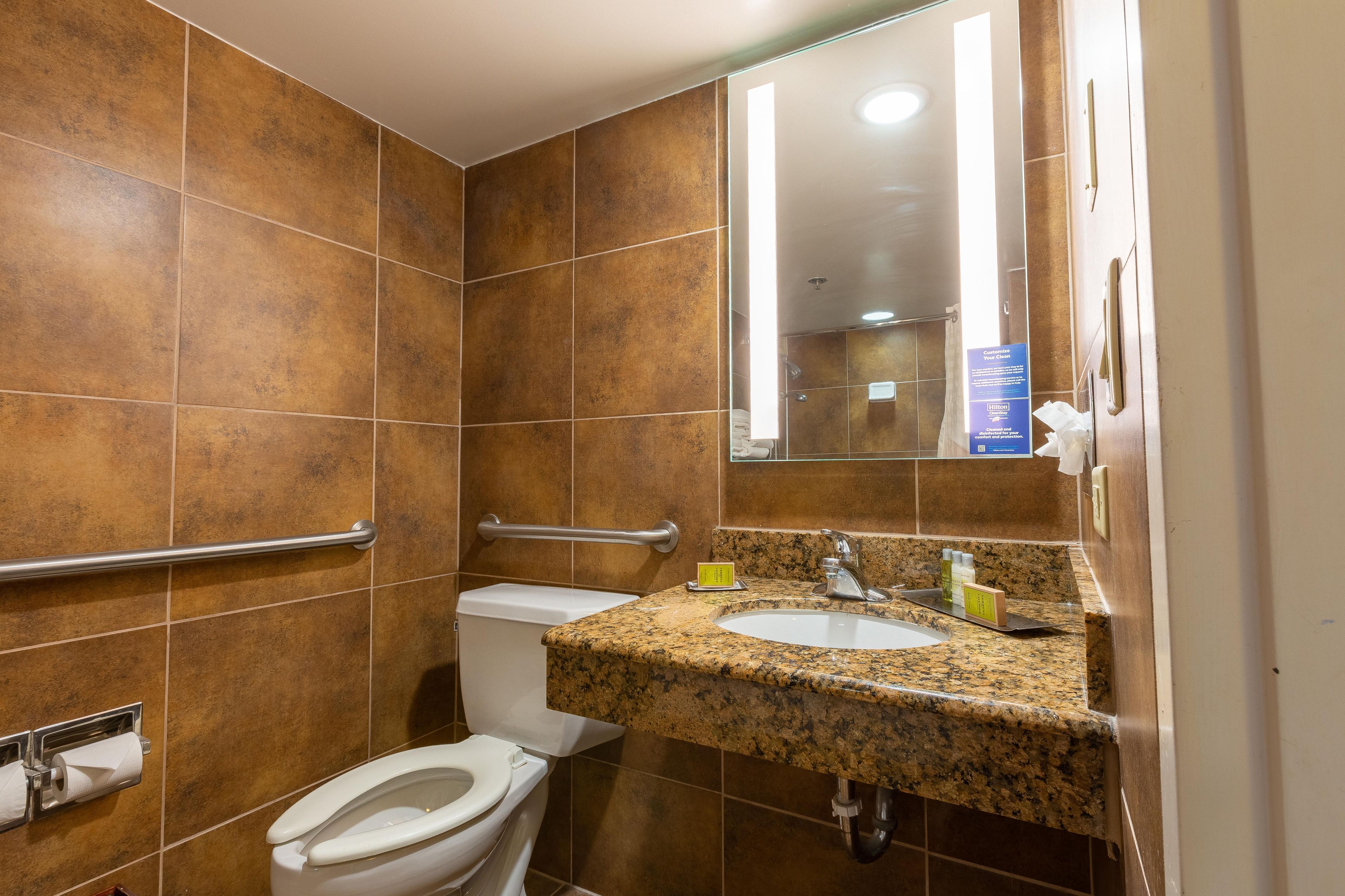A bathroom with a toilet, sink, and handrails.