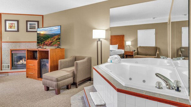 A hotel room with a fireplace, a large bathtub, a sofa, and a television. - Bristol Arcadia Inn (Bristol)