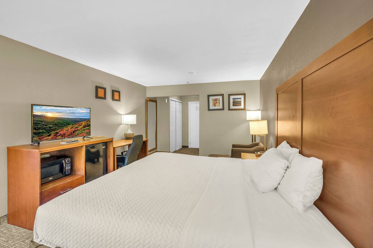 A hotel room with a large bed, a desk with a television, a microwave, and a door leading to another room.