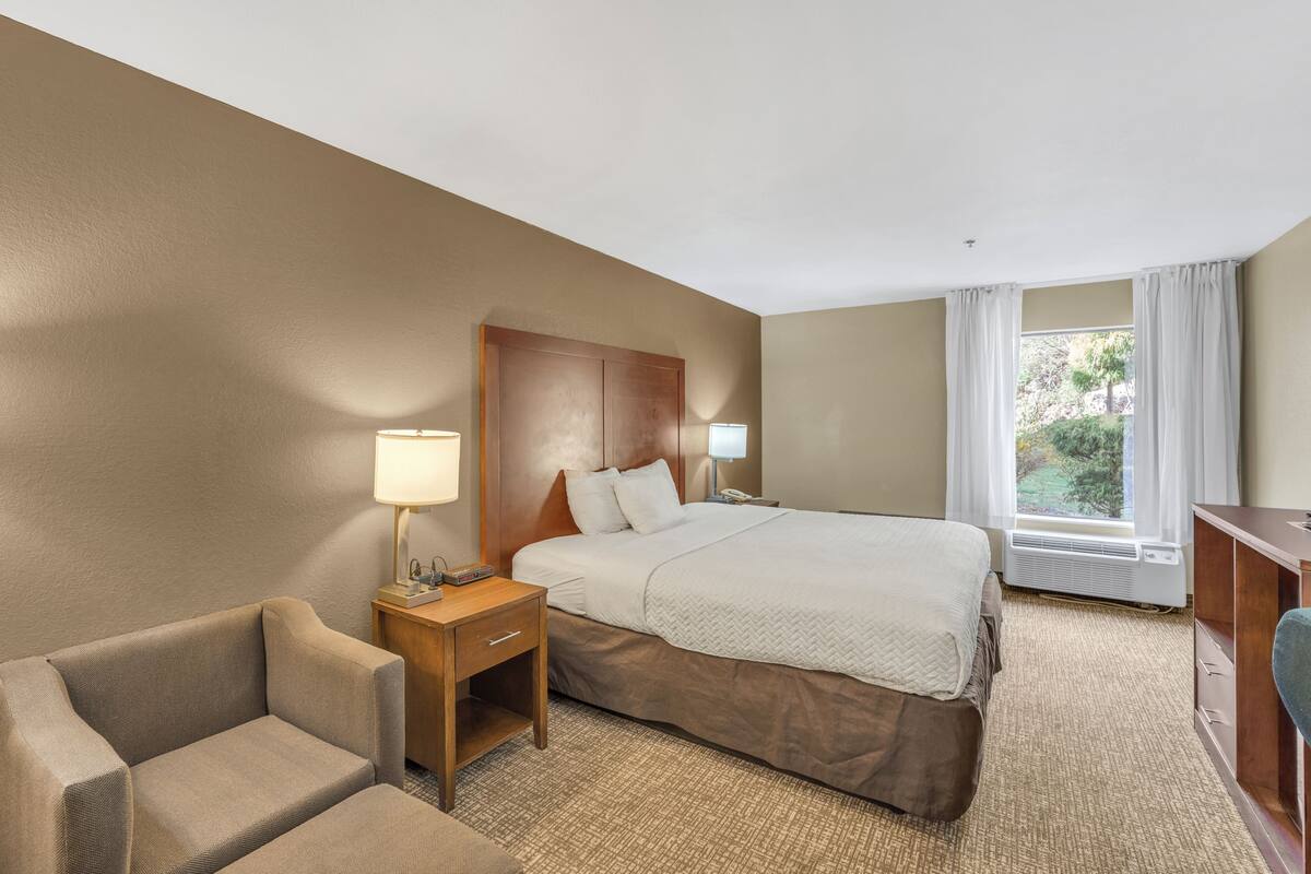 A hotel room with a bed, a desk, a chair, a lamp, and a window with curtains.