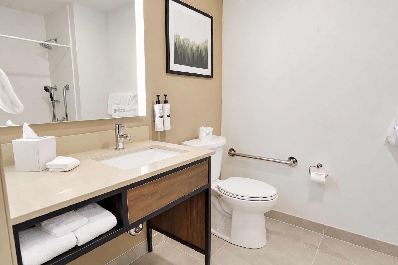Un bagno moderno con lavabo doppio, un water, una barra di sostegno e un quadro appeso al muro.