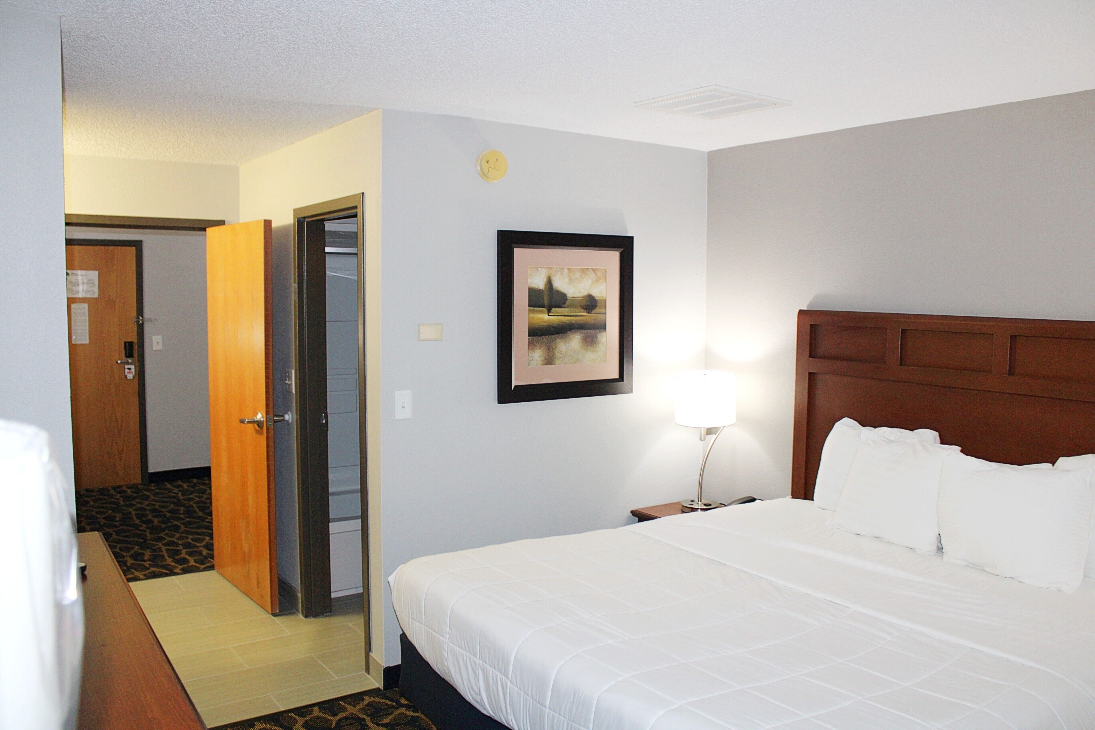 A hotel room with a bed, a nightstand, a framed picture on the wall, and a door leading to another room.