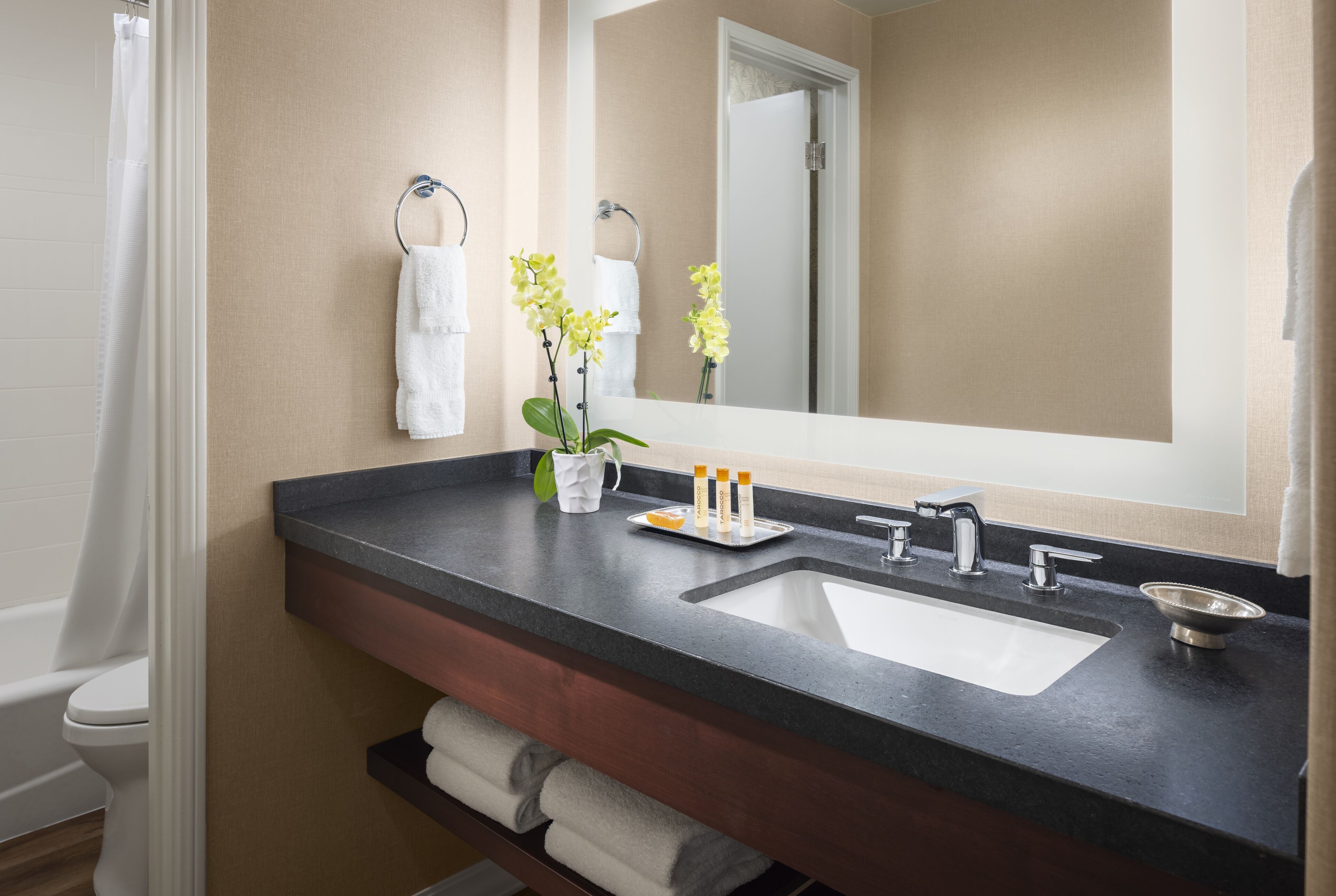 A bathroom with a dark countertop, a white sink, and a large mirror. There are towels hanging on the wall and a plant on the countertop.