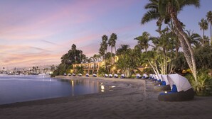 A beachside hotel with a row of beach chairs and umbrellas, palm trees, and a calm sea. - Bahia Resort Hotel (San Diego)