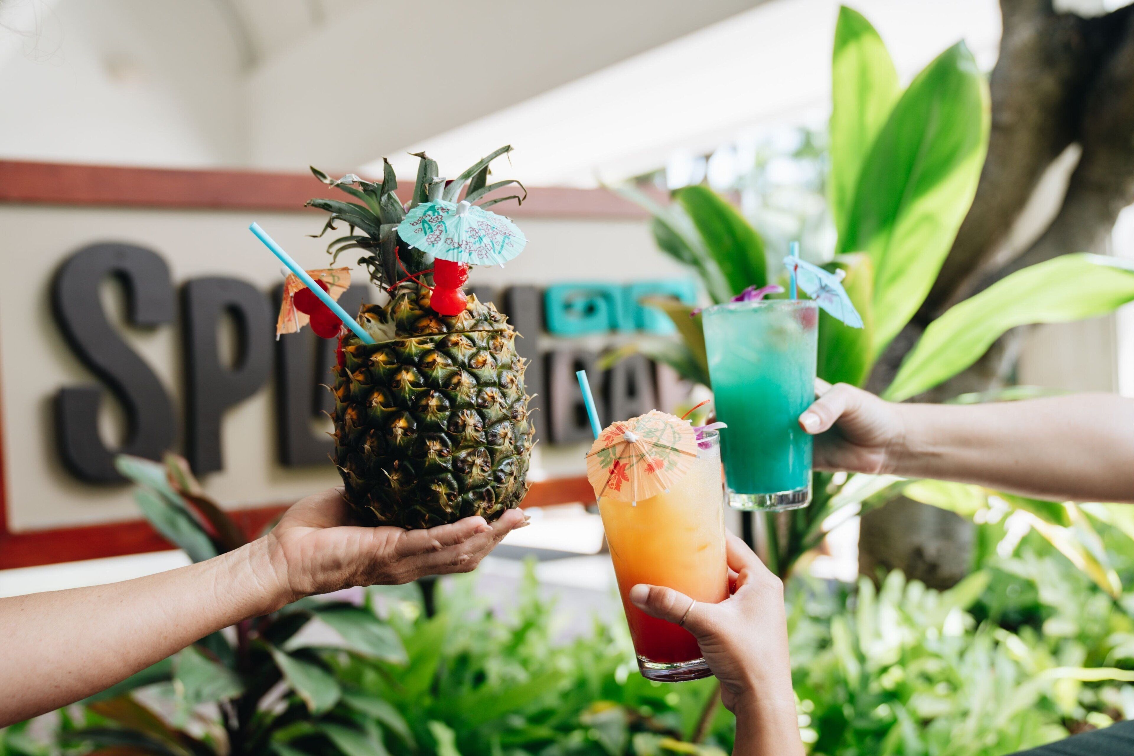 A person holding a pineapple with a drink in another hand.