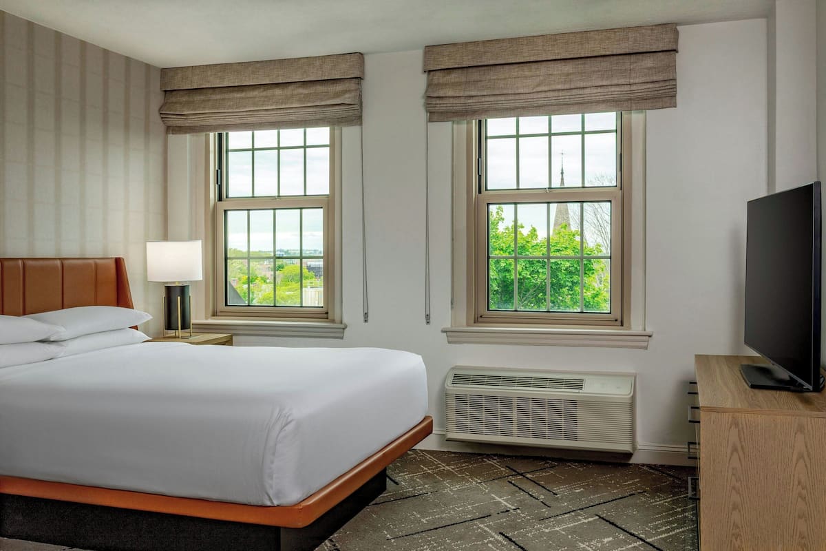A hotel room with a bed, two windows with curtains, a television on a wooden stand, and a heater.