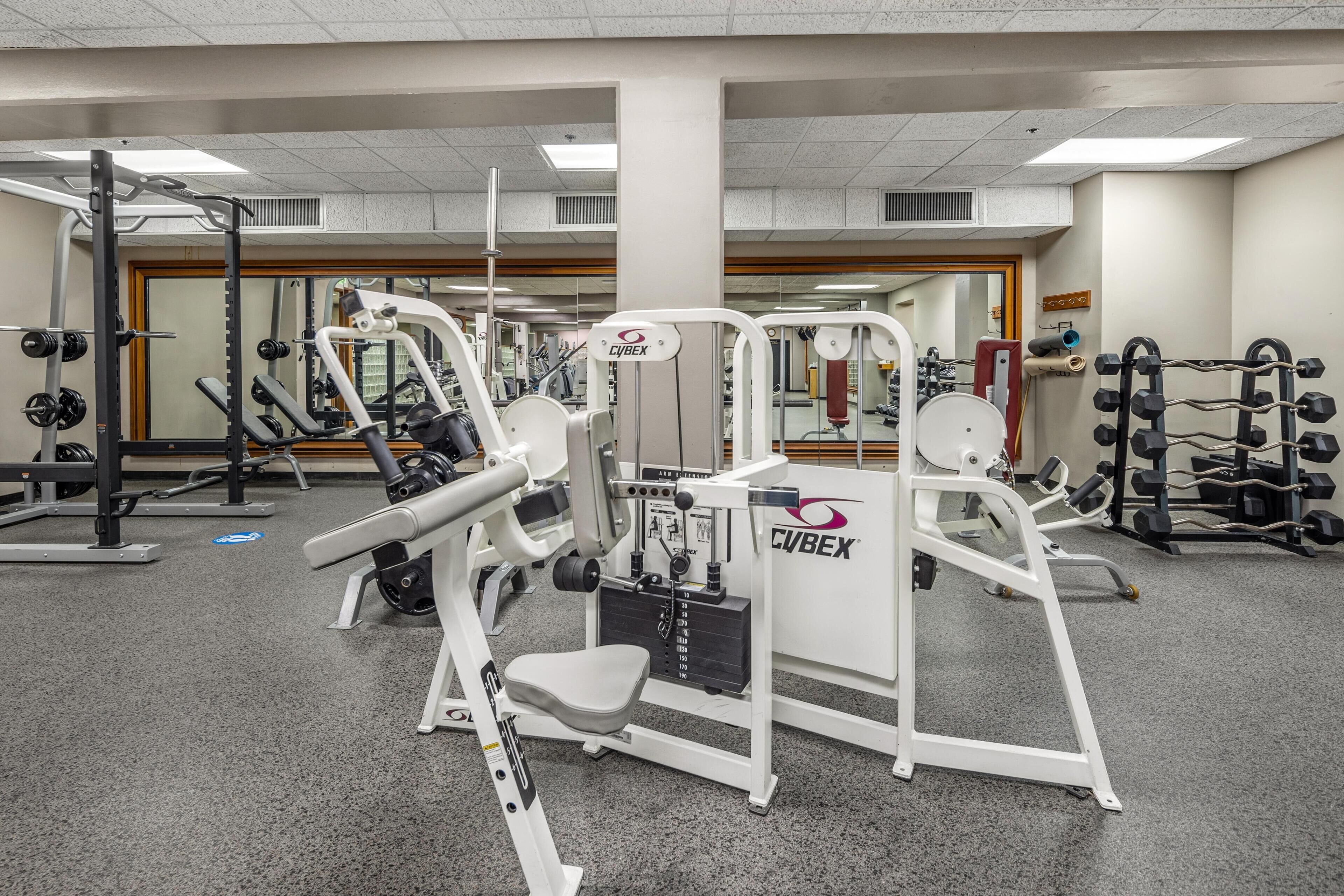 A gym with various exercise equipment, including weight machines and free weights.