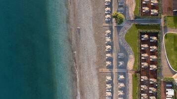 Ein Luftbild eines Strandanliegers mit Reihen von Sonnenschirmen und Liegestühlen, einer Holzpromenade und einem gepflasterten Weg entlang des Strandes.