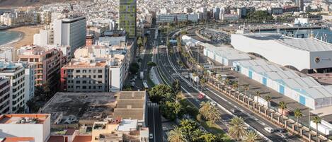 Un paisaje urbano costero con un edificio moderno destacado, amplias avenidas y palmeras.