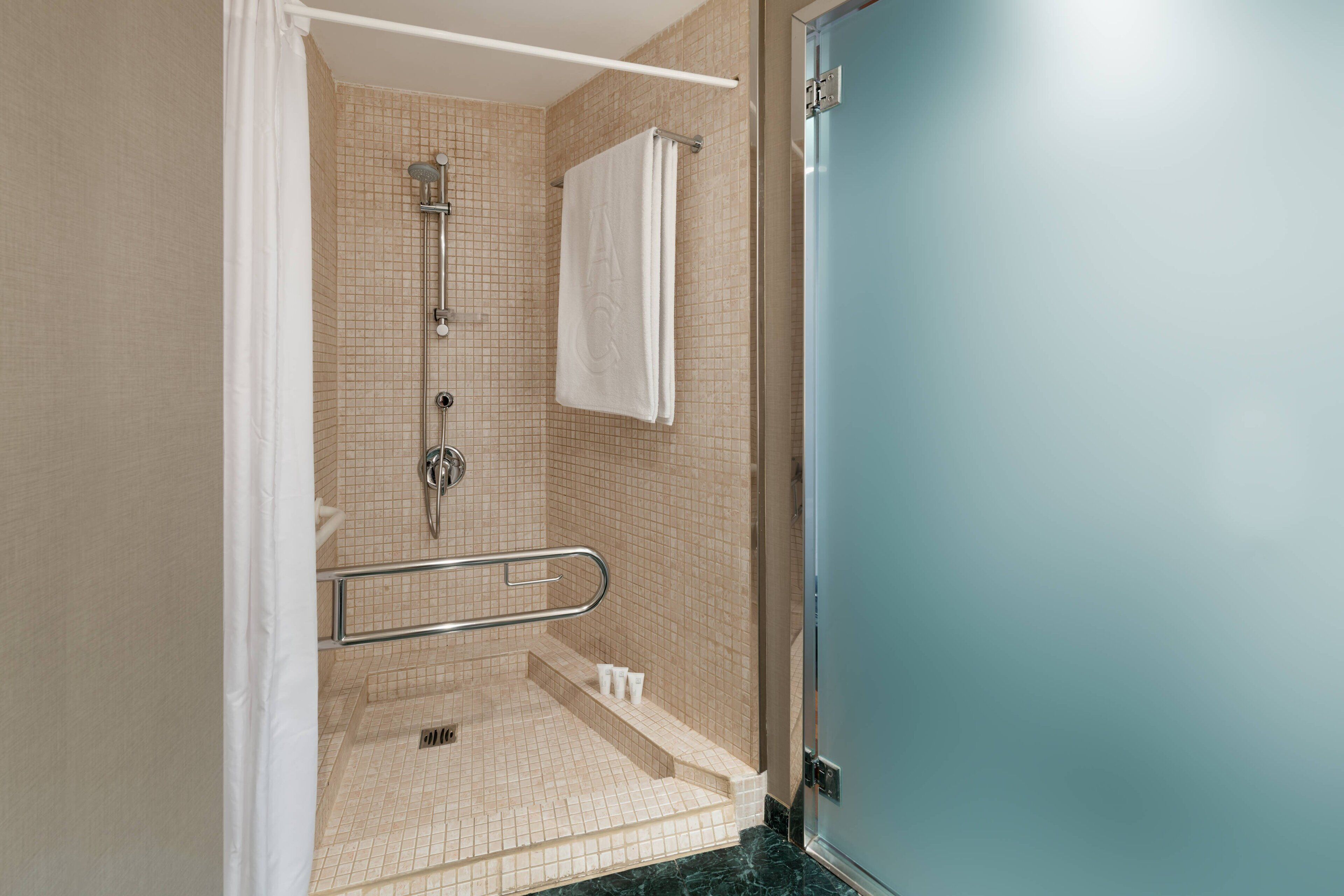 combined shower/bathtub, free toiletries, hair dryer, towels