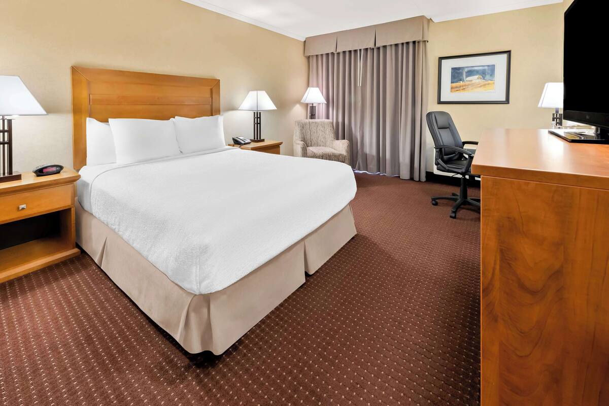 Habitación de hotel con una cama grande, dos mesitas de noche con lámparas, una silla, un escritorio con silla y un televisor.