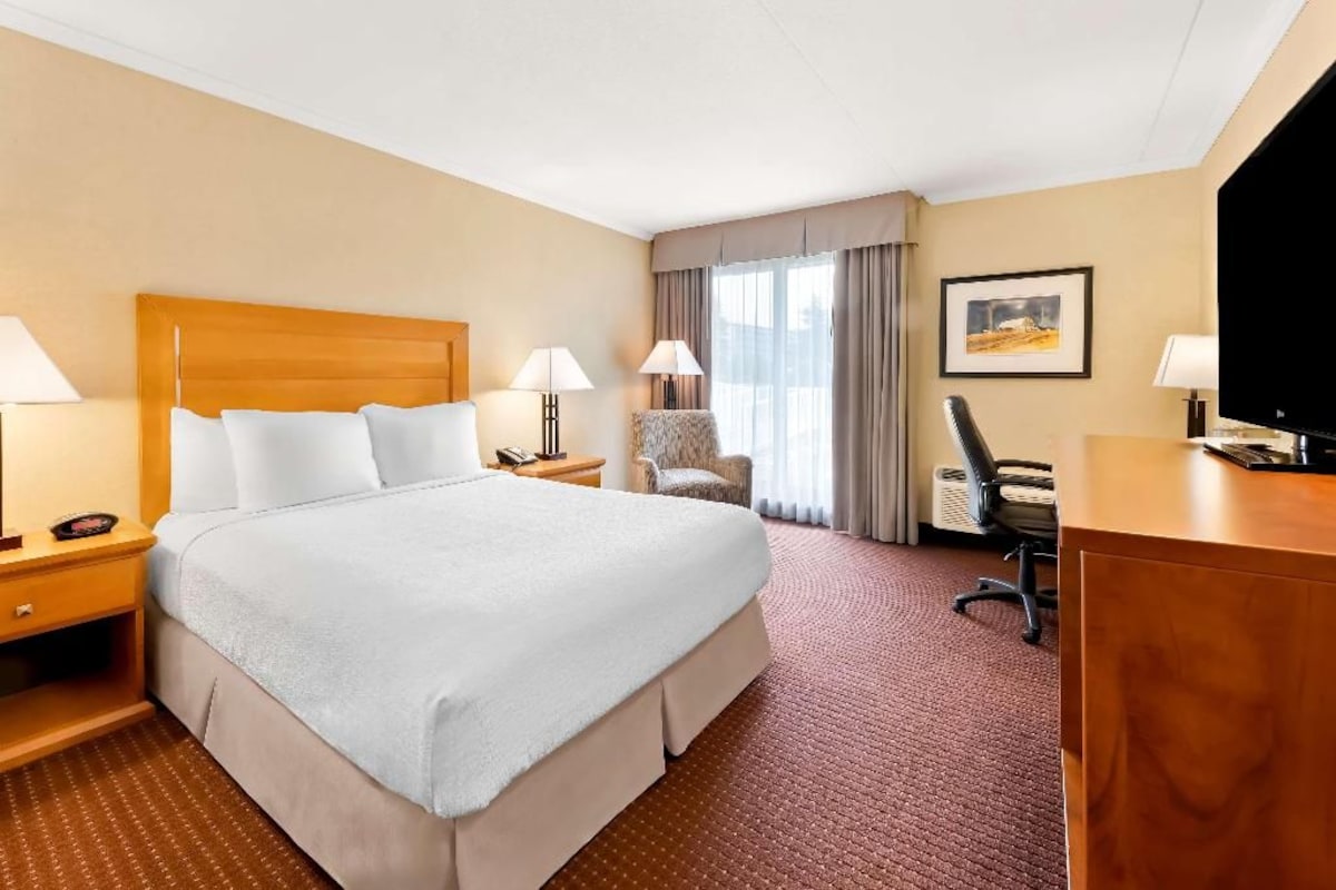 A hotel room with a large bed, two bedside tables, a desk, a chair, and a television.