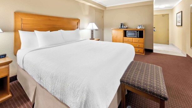 A hotel room with a large bed, a wooden headboard, a bedside table with a lamp, a TV, a small cabinet, and a patterned bench.