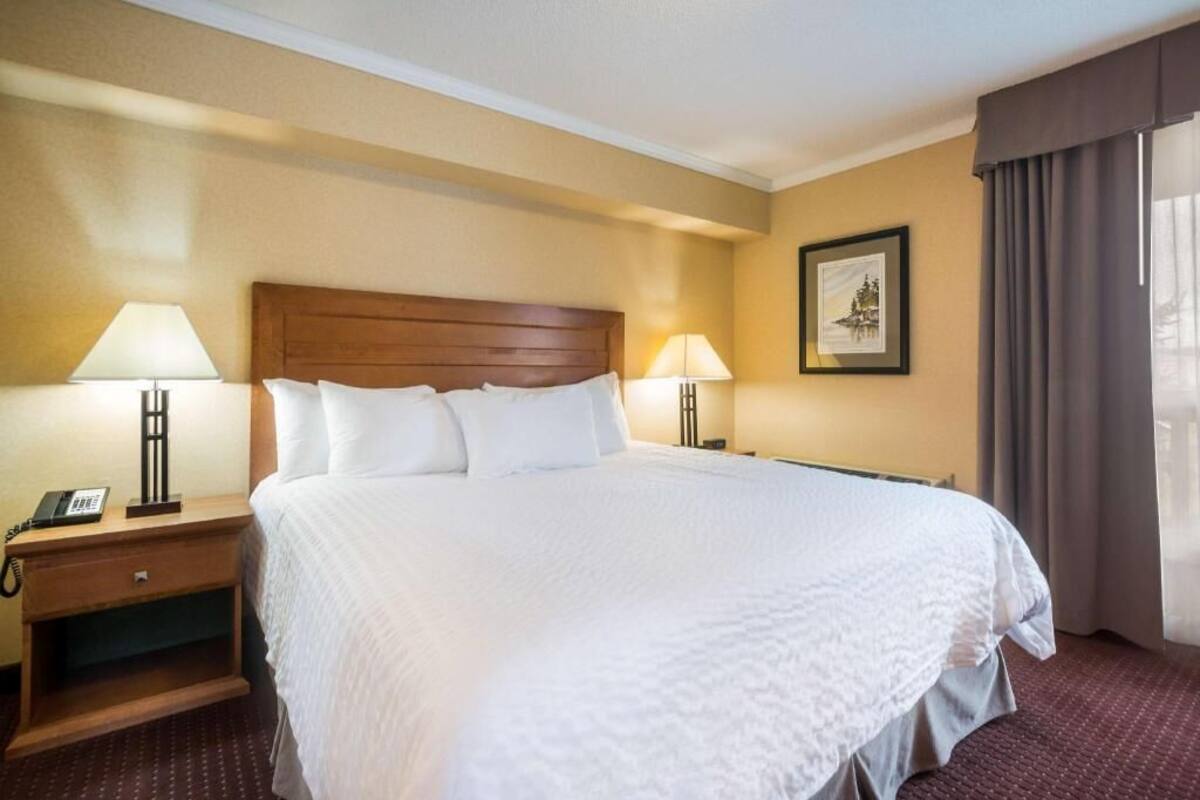 Una habitación de hotel con una cama grande, dos lámparas de noche, una mesita de noche con un teléfono y un cuadro en la pared.