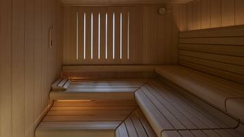 Een sauna met houten banken en een raamwerk van latten.