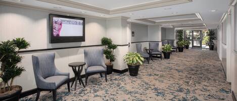A hotel lobby with a carpeted floor, seating area with chairs, potted plants, and a television screen displaying a weather forecast.
