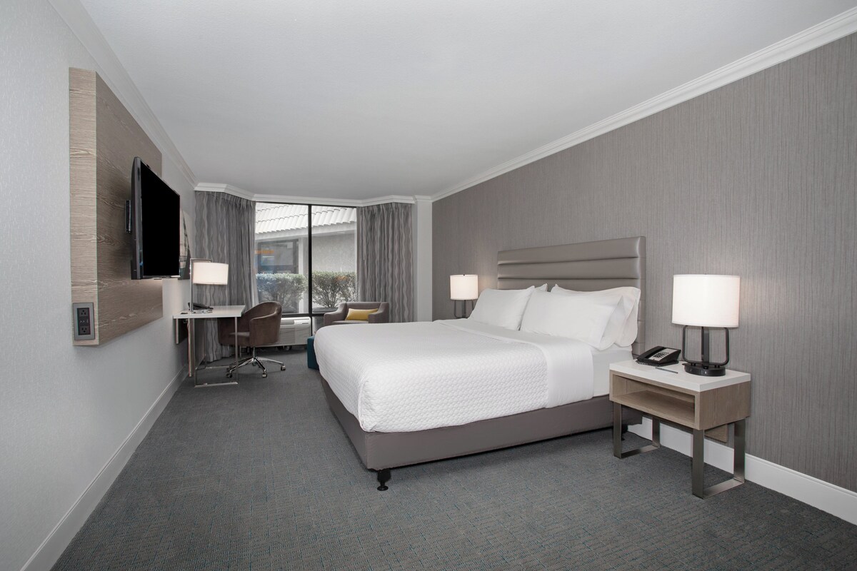 Habitación de hotel con cama, escritorio, silla y televisor montado en la pared.